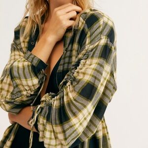 Free People Green Plaid Peplum Shirt XS NWT